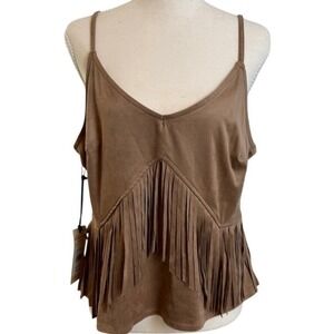 NWT Faux Suede Fringe Cami Womens L Brown Western Rodeo Cowgirl Boho Festival